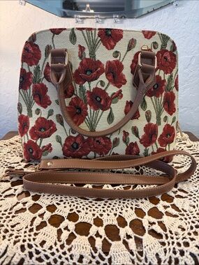 Signare Red Floral Satchel with Brown Handles